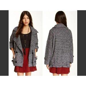 FREE PEOPLE Double Breasted  Tweed Gray Slouchy Wool Blend Jacket  Coat Size M